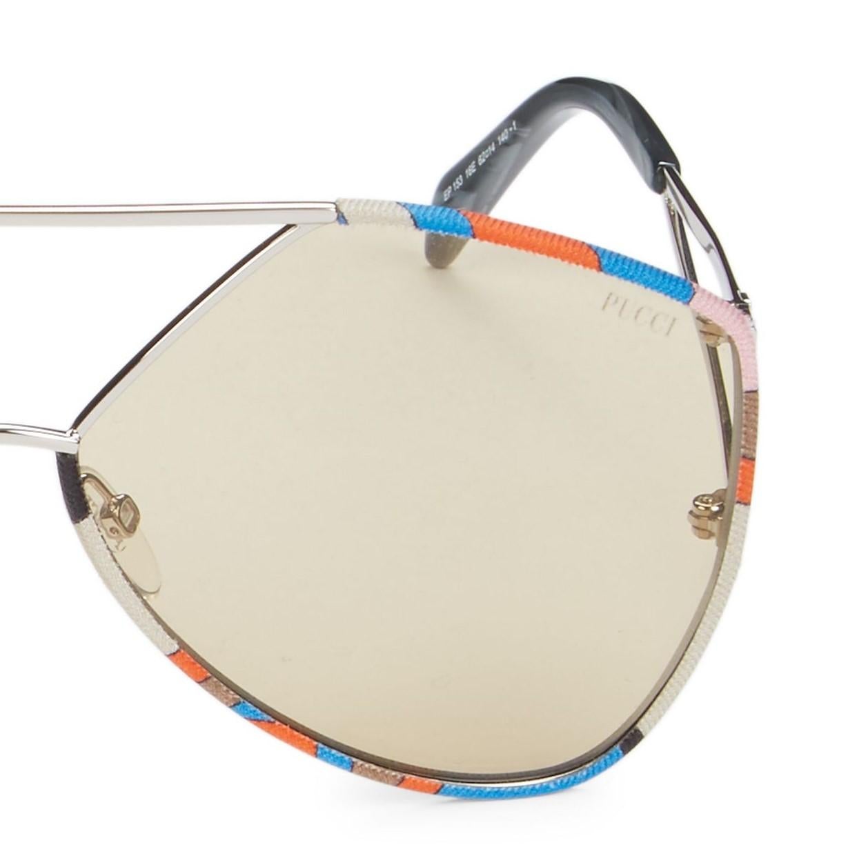 Brand New
Pucci Sunglasses 

This version of Emilio Pucci's aviator sunglasses features sculpturally chiseled lenses 
and multicolored fabric covered frames. 
100% UV protection
Solid lenses
Adjustable nose pads
Metal, & textile
Made in