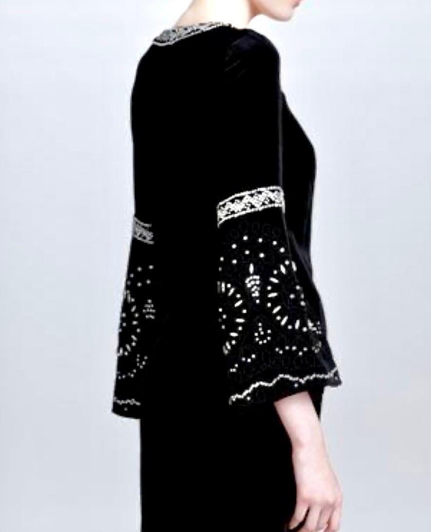 Women's NEW Emilio Pucci Black Velvet Silk Embroidered Kaftan Tunic Dress 40 For Sale