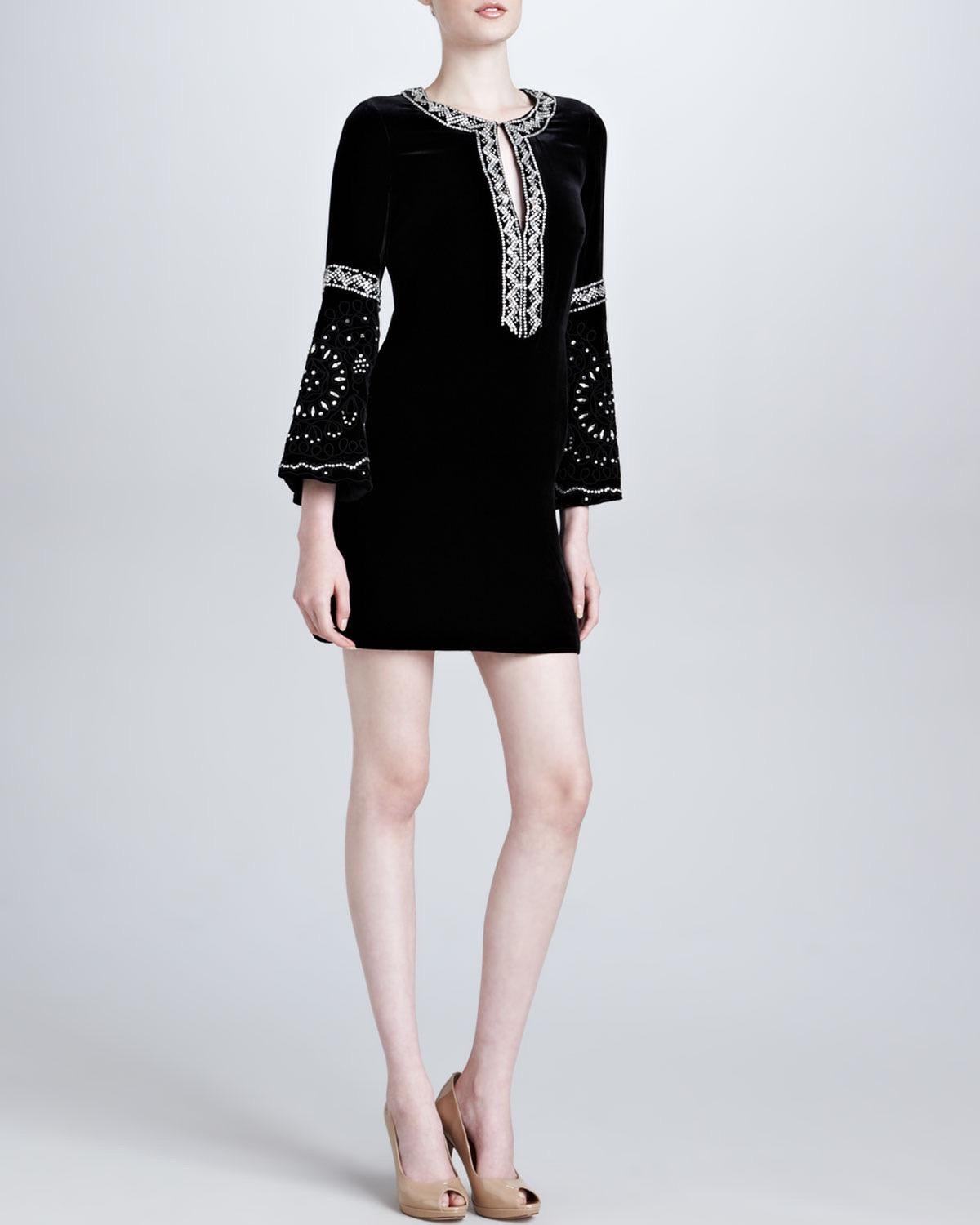 NEW Emilio Pucci Black Velvet Silk Embroidered Kaftan Tunic Dress 40 For Sale 1