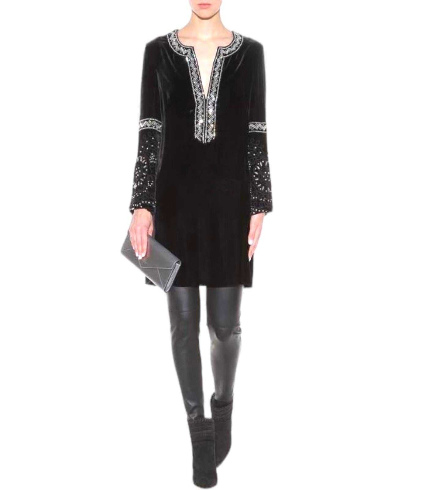 NEW Emilio Pucci Black Velvet Silk Embroidered Kaftan Tunic Dress 40 For Sale 3