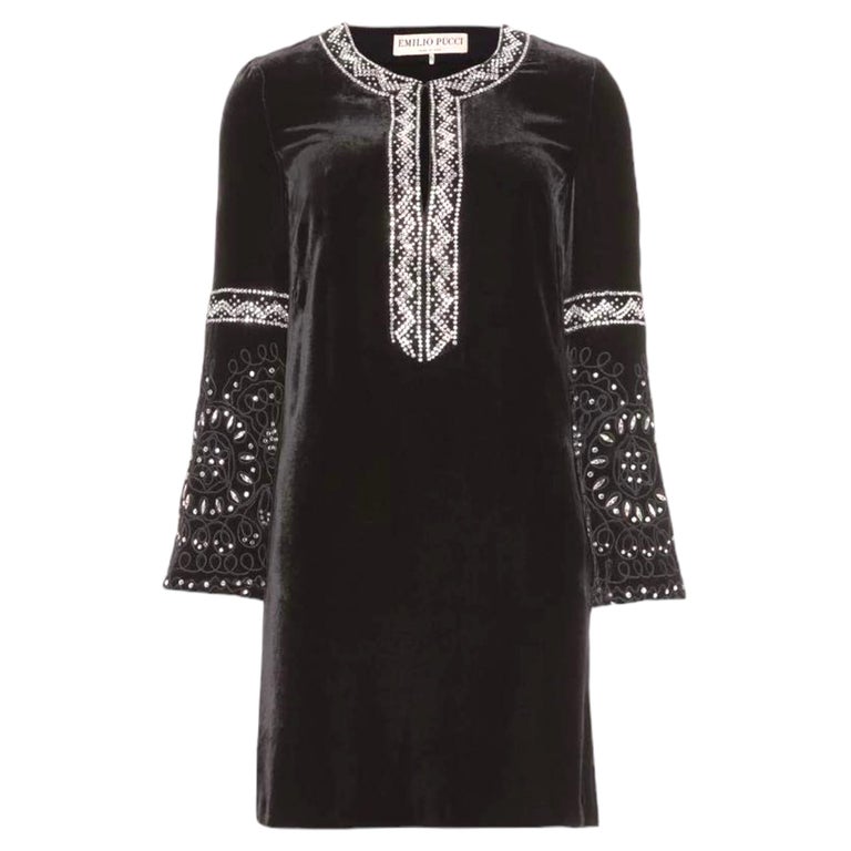 NEW Emilio Pucci Black Velvet Silk Embroidered Kaftan Tunic Dress 40 For  Sale at 1stDibs