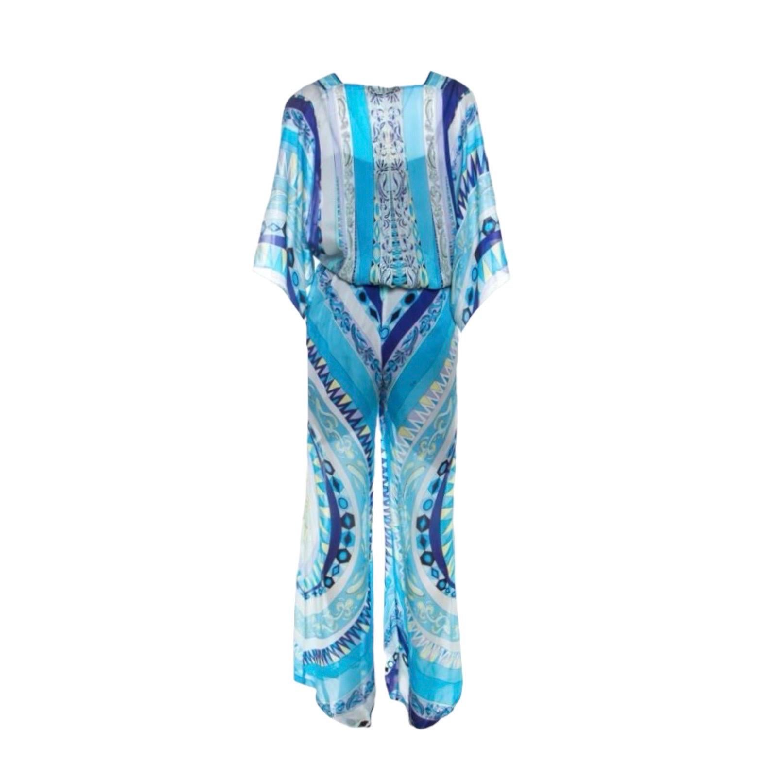 Women's NEW Emilio Pucci Blue Print Silk Palazzo Wide Leg Lounge Pants Trousers 44 For Sale