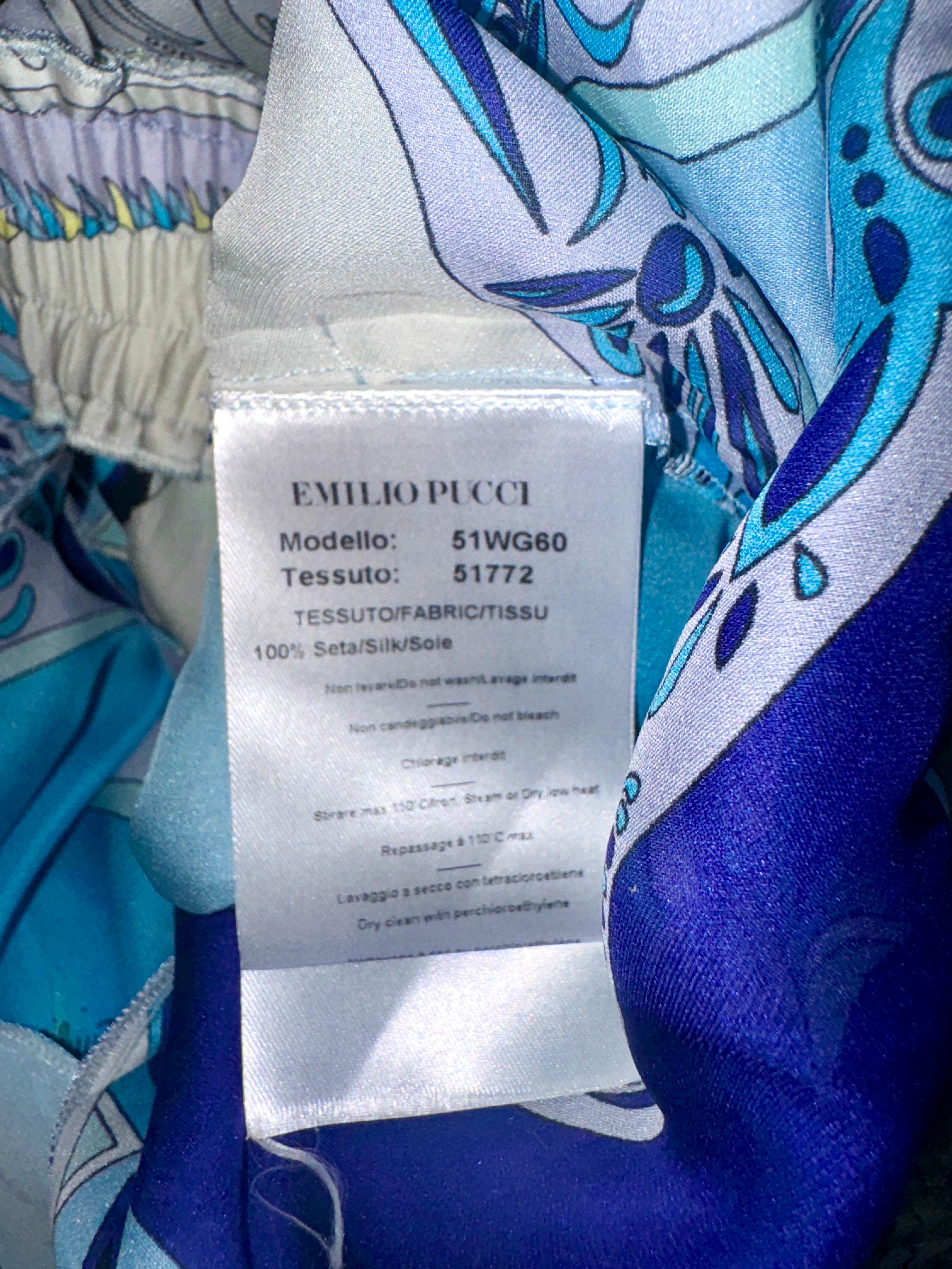 NEW Emilio Pucci Blue Print Silk Palazzo Wide Leg Lounge Pants Trousers 44 For Sale 5