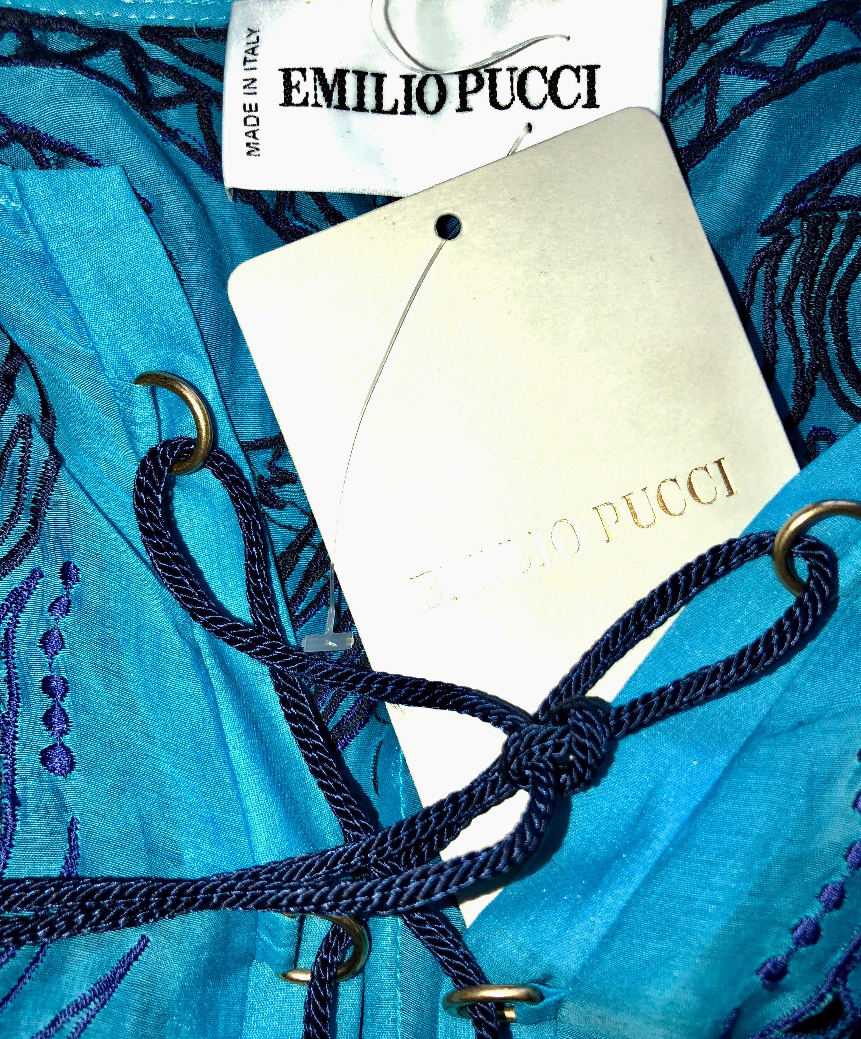Blue NEW Emilio Pucci by Peter Dundas Lace-Up Eyelet Embroidered Maxi Kaftan Dress