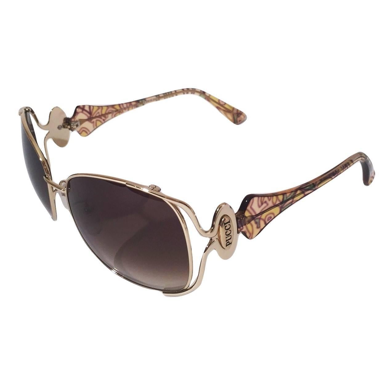 Gray New Emilio Pucci Gold Aviator Sunglasses  With Case & Box For Sale