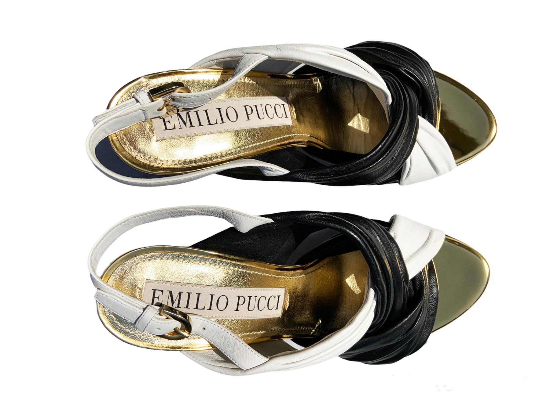 Beige Emilio Pucci - Sandales à talons escarpins en cuir blanc et noir, italiennes, taille 36 - US 6, état neuf en vente