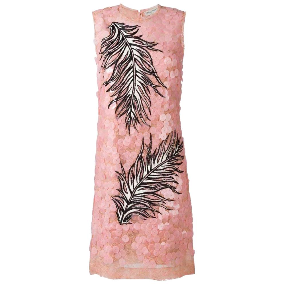 New Emilio Pucci Pailette Lace Feather Embroidered Dress IT44 US8 For Sale