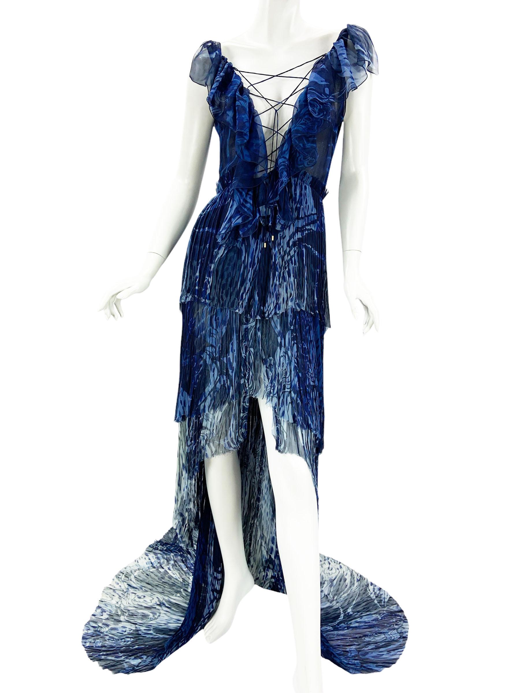 New Emilio Pucci S/S 2011 Runway Blue Silk High-Low Lace-up Open Back Dress US 8 For Sale 5