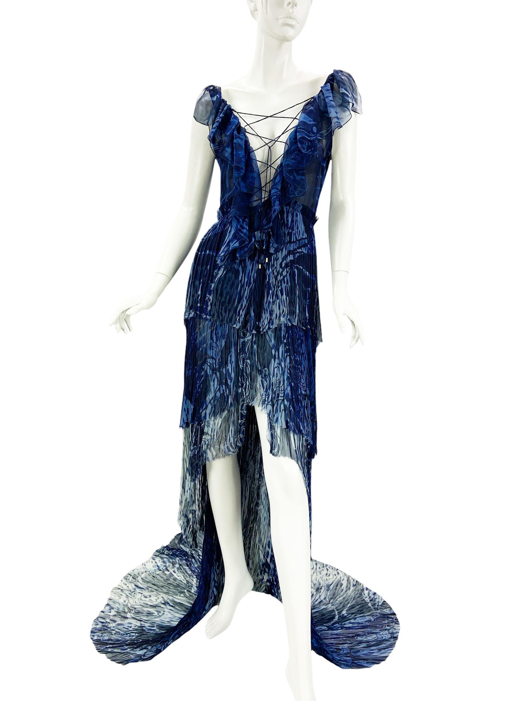 New Emilio Pucci S/S 2011 Runway Blue Silk High-Low Lace-up Open Back Dress US 8 For Sale 6