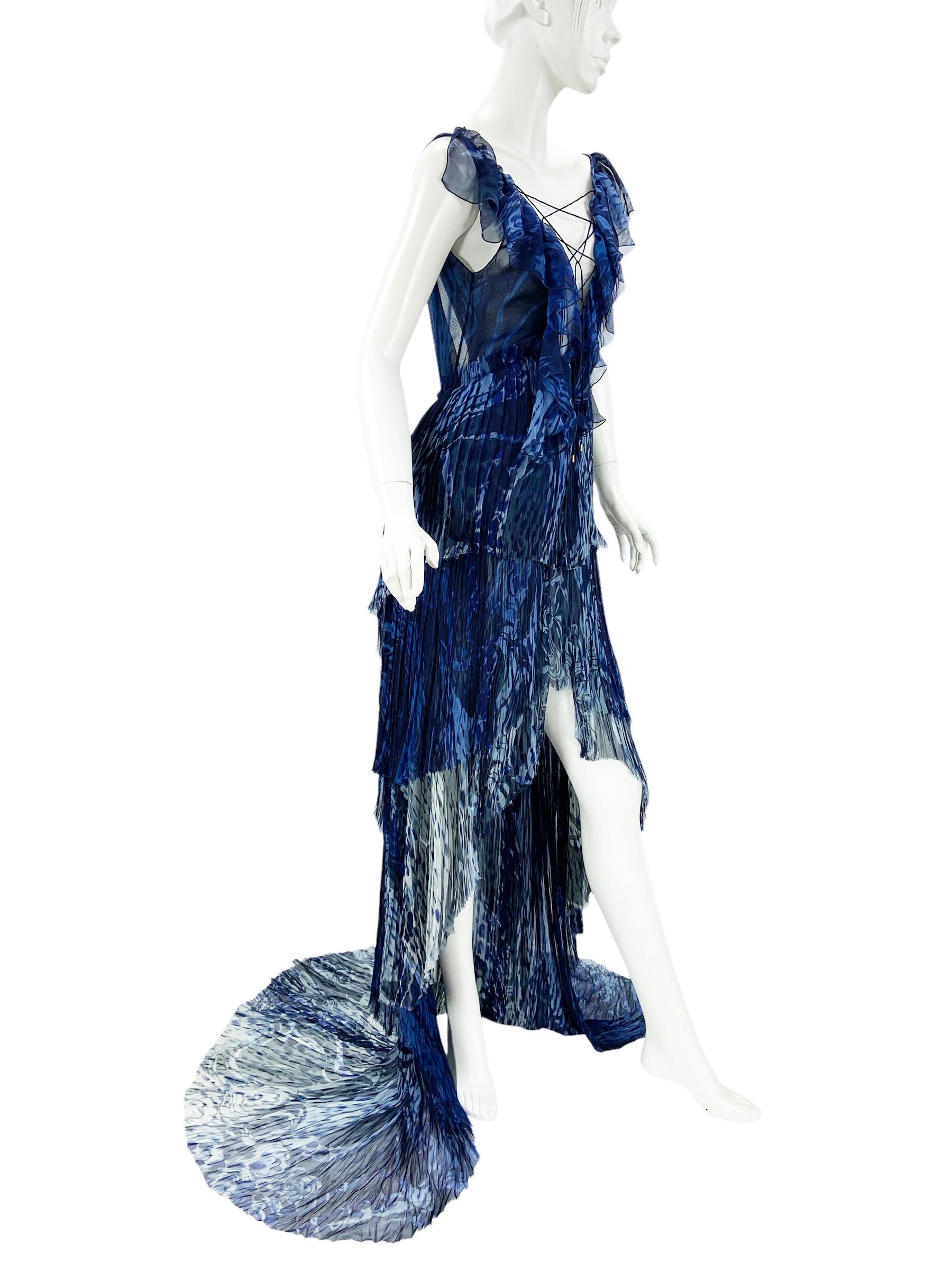 New Emilio Pucci S/S 2011 Runway Blue Silk High-Low Lace-up Open Back Dress US 8 For Sale 7