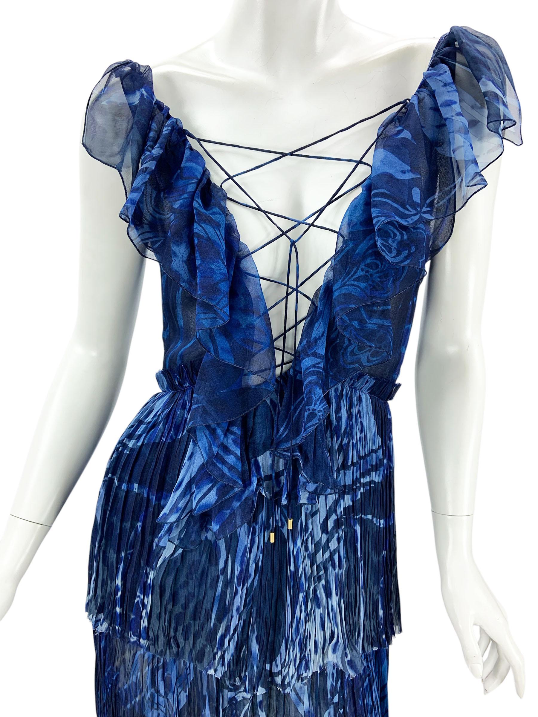 New Emilio Pucci S/S 2011 Runway Blue Silk High-Low Lace-up Open Back Dress US 8 For Sale 9