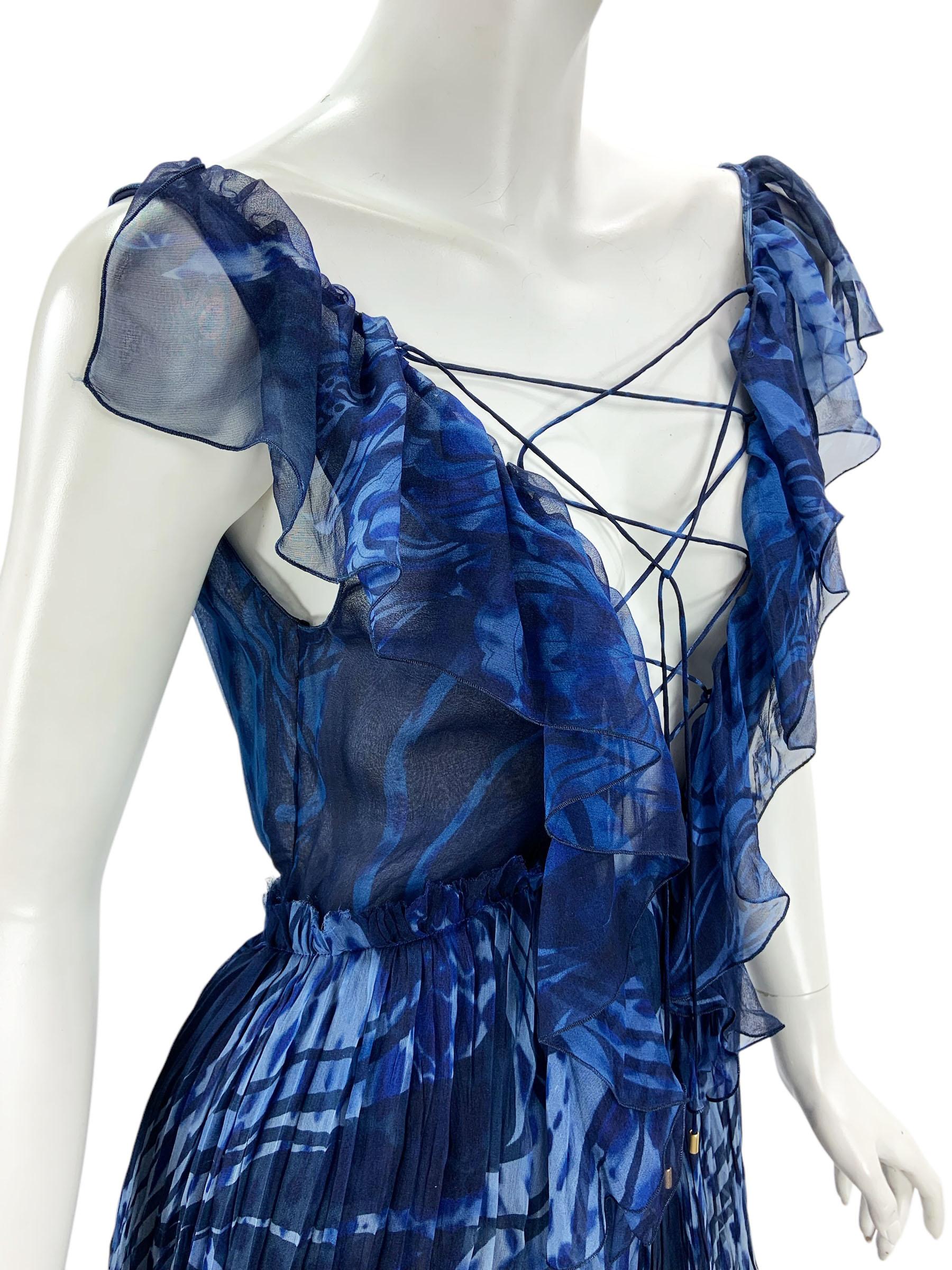 New Emilio Pucci S/S 2011 Runway Blue Silk High-Low Lace-up Open Back Dress US 8 For Sale 10