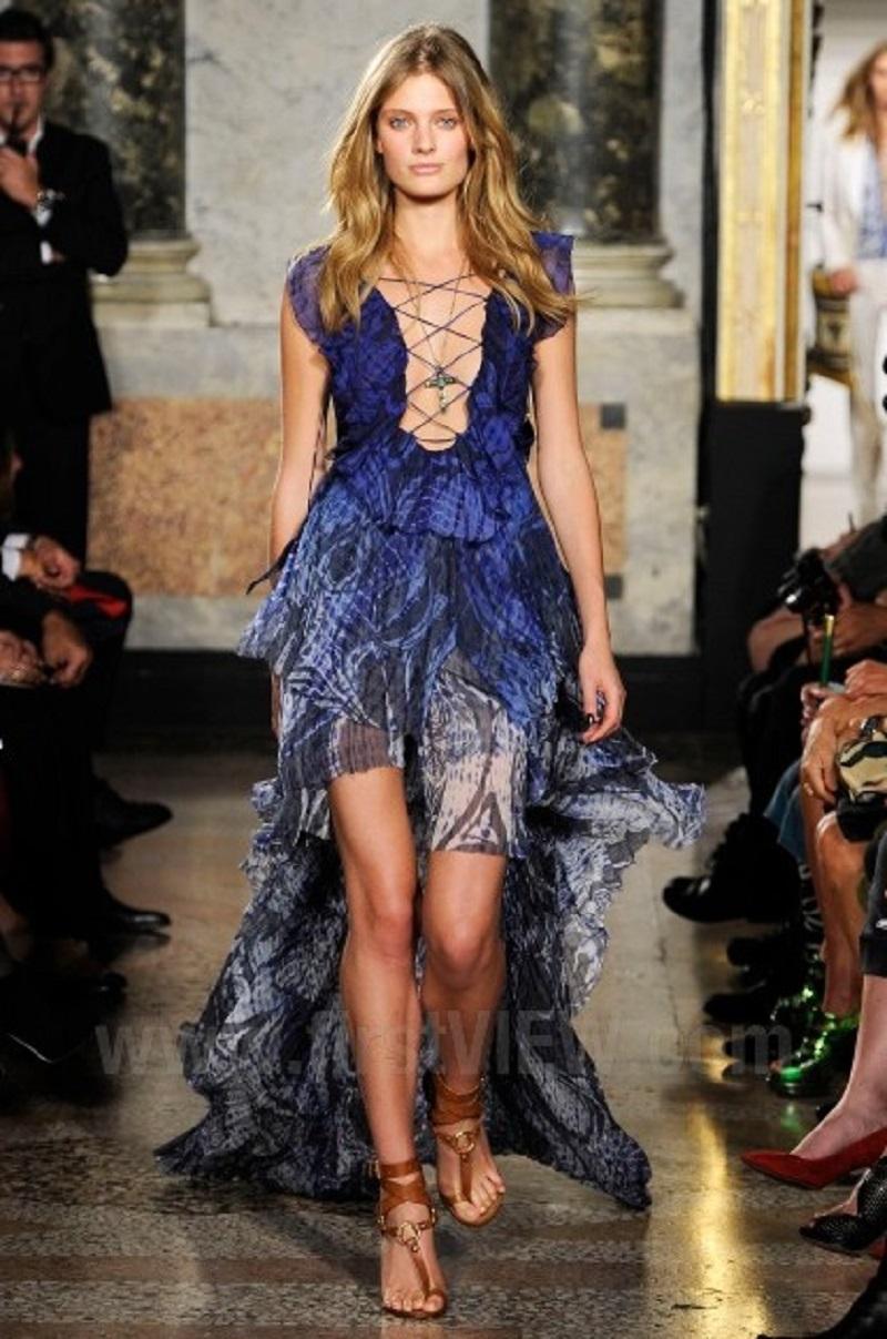 New Emilio Pucci S/S 2011 Runway Blue Silk High-Low Lace-up Open Back Dress US 8 In New Condition For Sale In Montgomery, TX