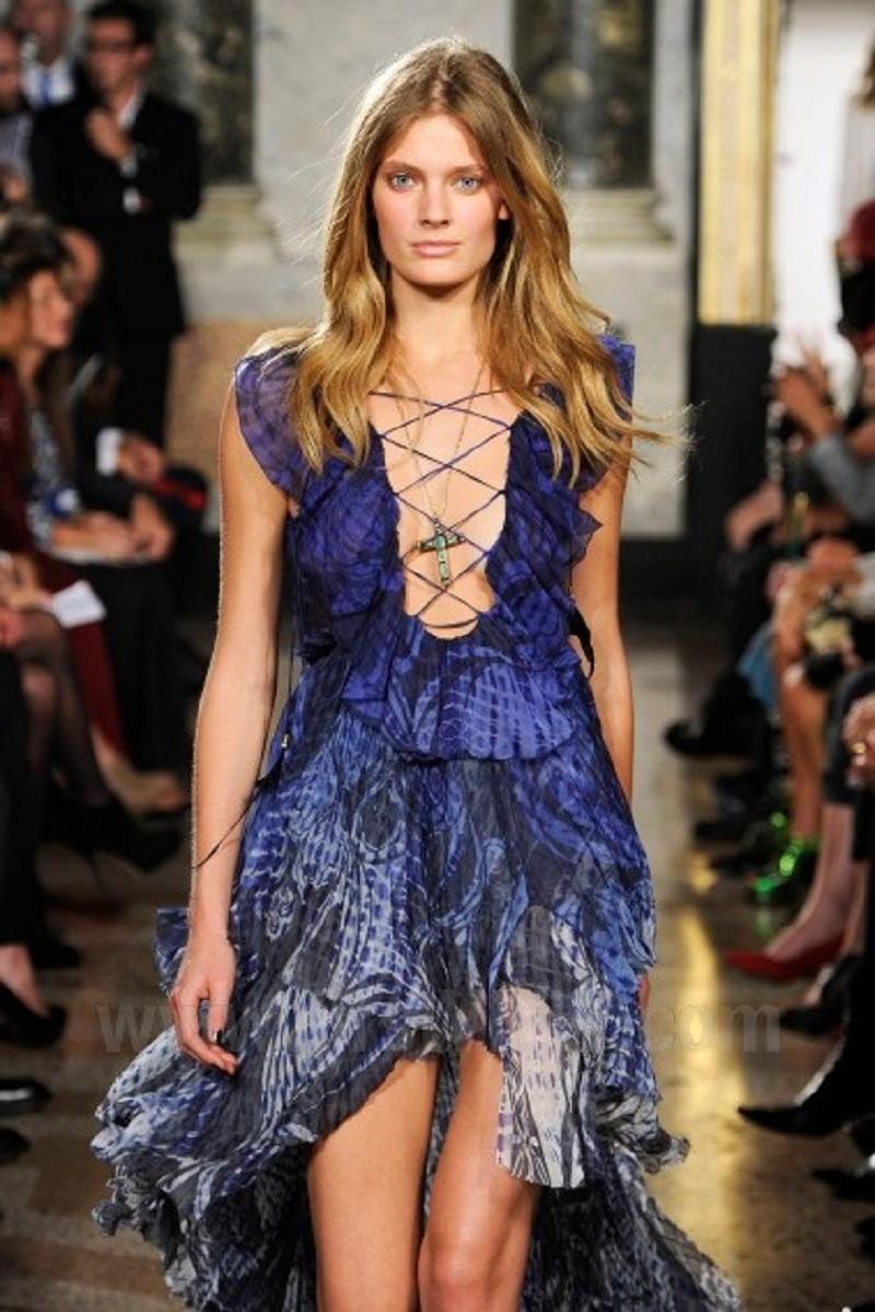 Women's New Emilio Pucci S/S 2011 Runway Blue Silk High-Low Lace-up Open Back Dress US 8 For Sale