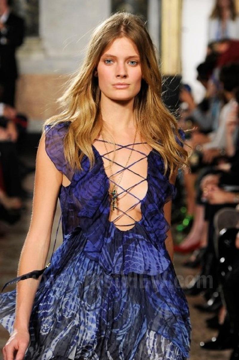 New Emilio Pucci S/S 2011 Runway Blue Silk High-Low Lace-up Open Back Dress US 8 For Sale 1