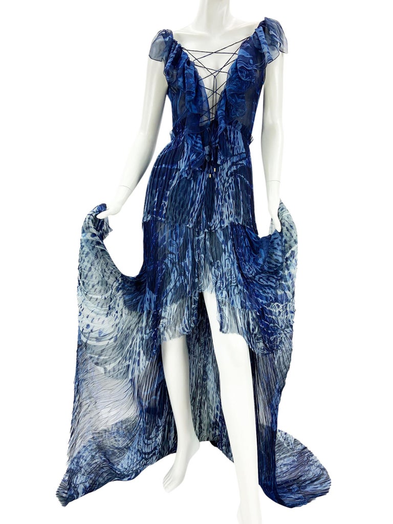 New Emilio Pucci S/S 2011 Runway Blue Silk High-Low Lace-up Open Back Dress  US 8