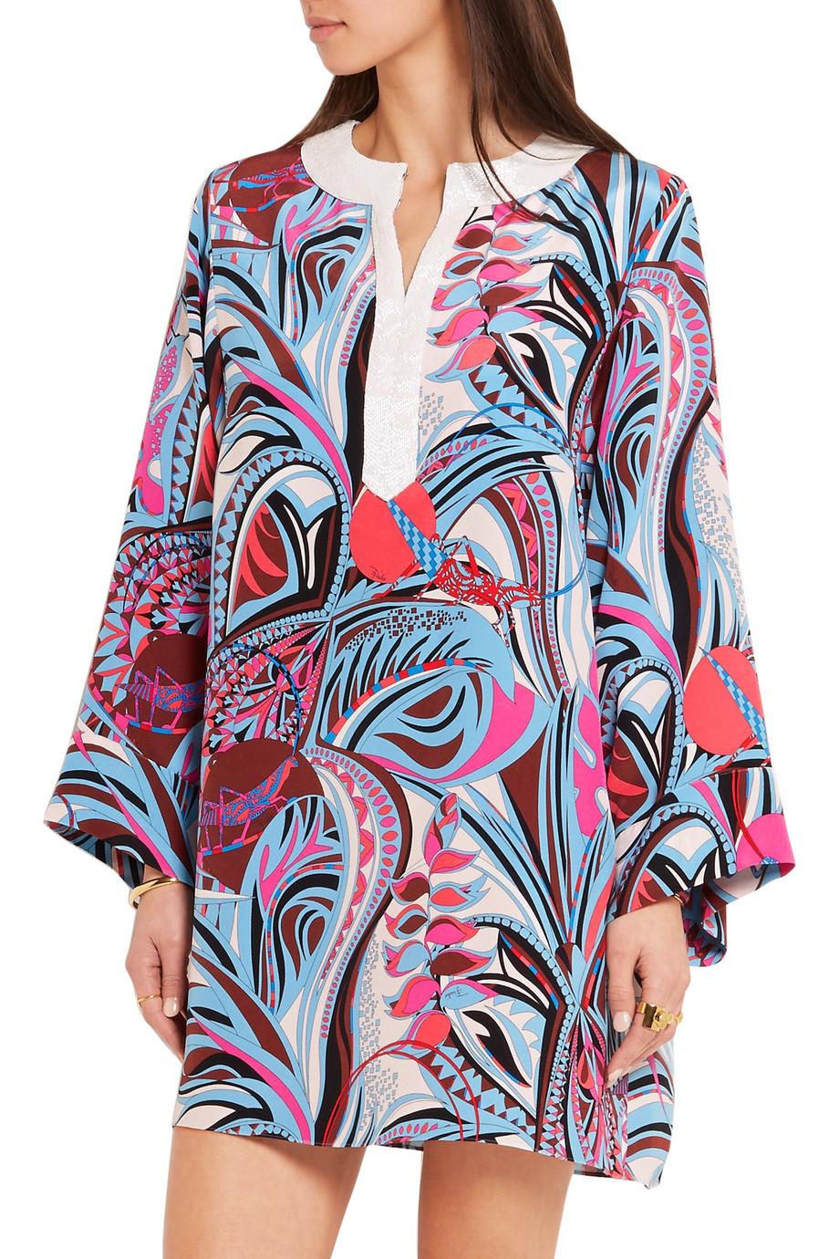 NEW Emilio Pucci Signature Print Embellished Cady Silk Tunic Kaftan Dress 44 For Sale 13