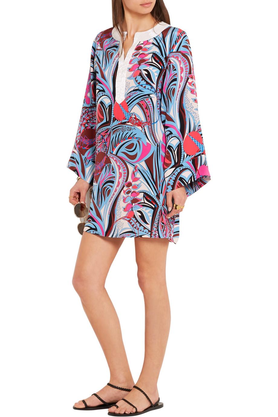 NEW Emilio Pucci Signature Print Embellished Cady Silk Tunic Kaftan Dress 44 For Sale 14
