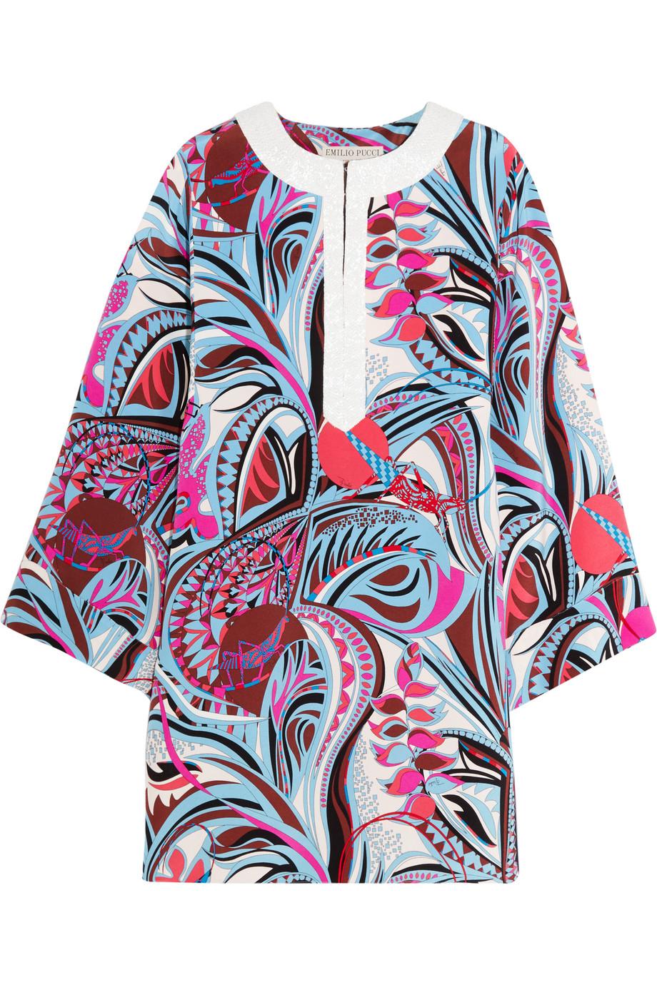 NEW Emilio Pucci Signature Print Embellished Cady Silk Tunic Kaftan Dress 44 For Sale 1
