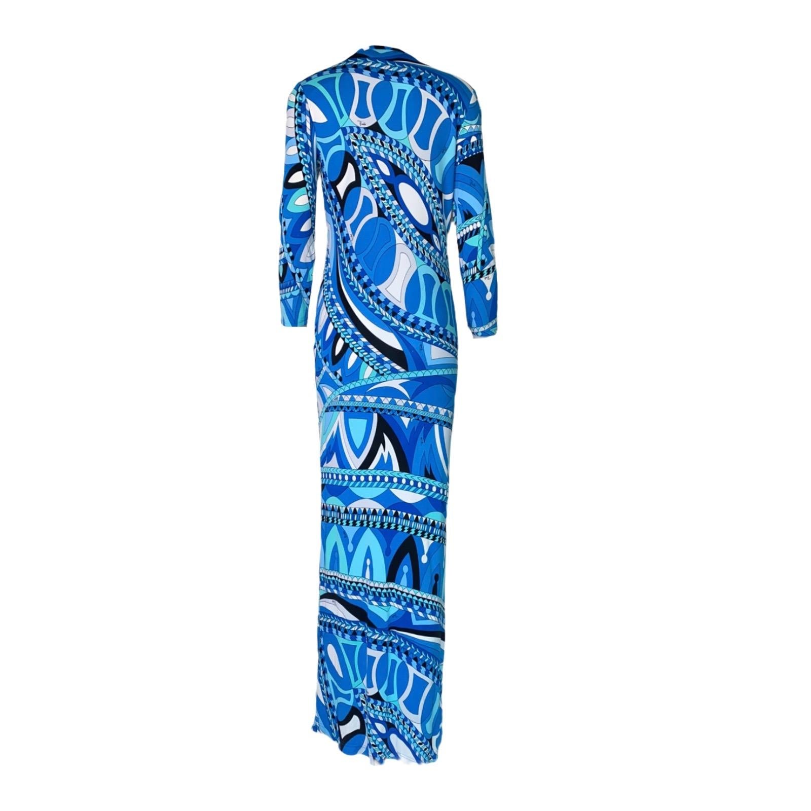 Blue NEW Emilio Pucci Embroidered Signature Print Embellished Tunic Maxi Dress Gown