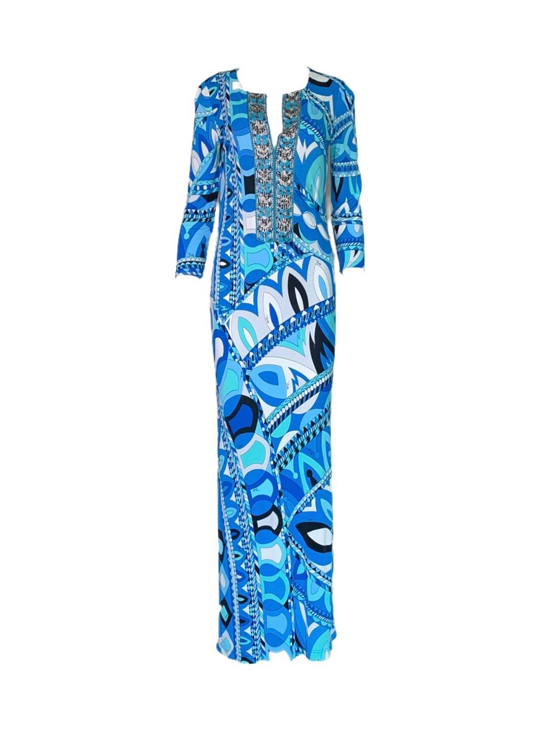 Women's NEW Emilio Pucci Embroidered Signature Print Embellished Tunic Maxi Dress Gown