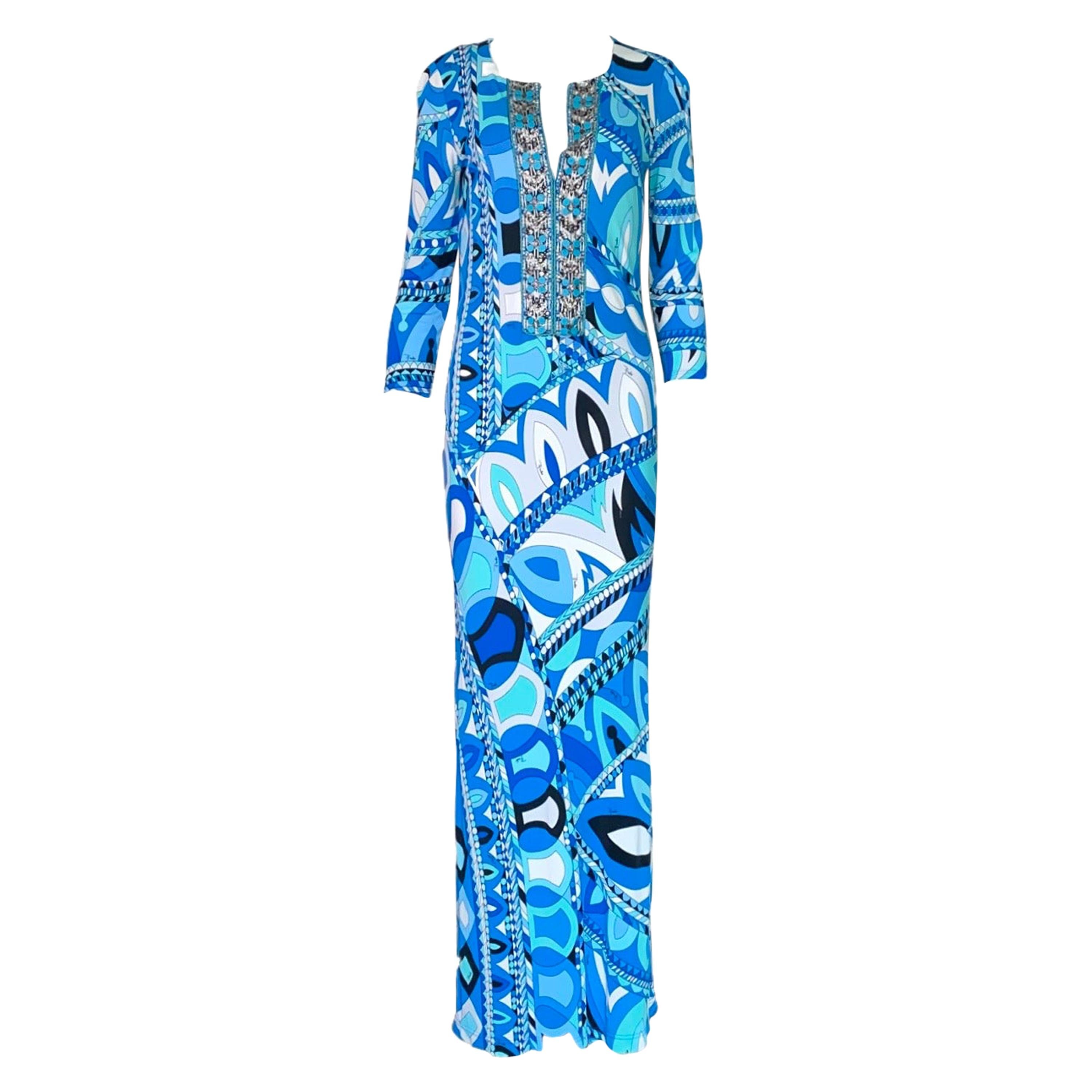 NEW Emilio Pucci Embroidered Signature Print Embellished Tunic Maxi Dress Gown