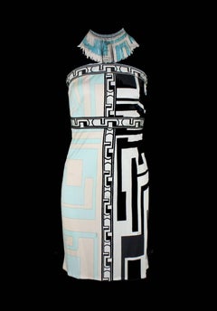 UNWORN Emilio Pucci Signature Print Silk Dress with Beaded Fringe Collar 42