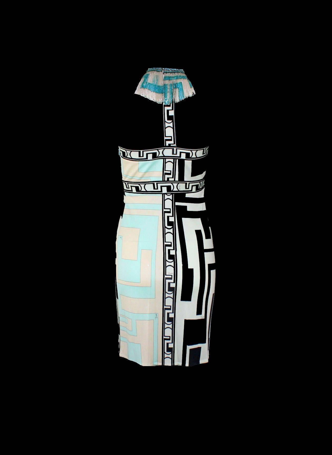Gray UNWORN Emilio Pucci Signature Print Silk Dress with Beaded Fringe Collar 42 For Sale