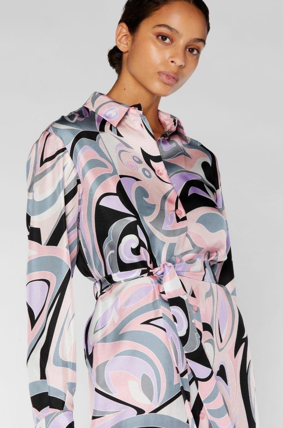 NEW Emilio Pucci Signature Print Silk Shirt Dress with Belt 44 For Sale 6