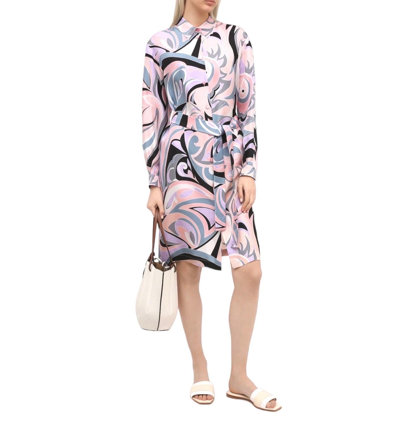NEW Emilio Pucci Signature Print Silk Shirt Dress with Belt 44 In Excellent Condition For Sale In Switzerland, CH