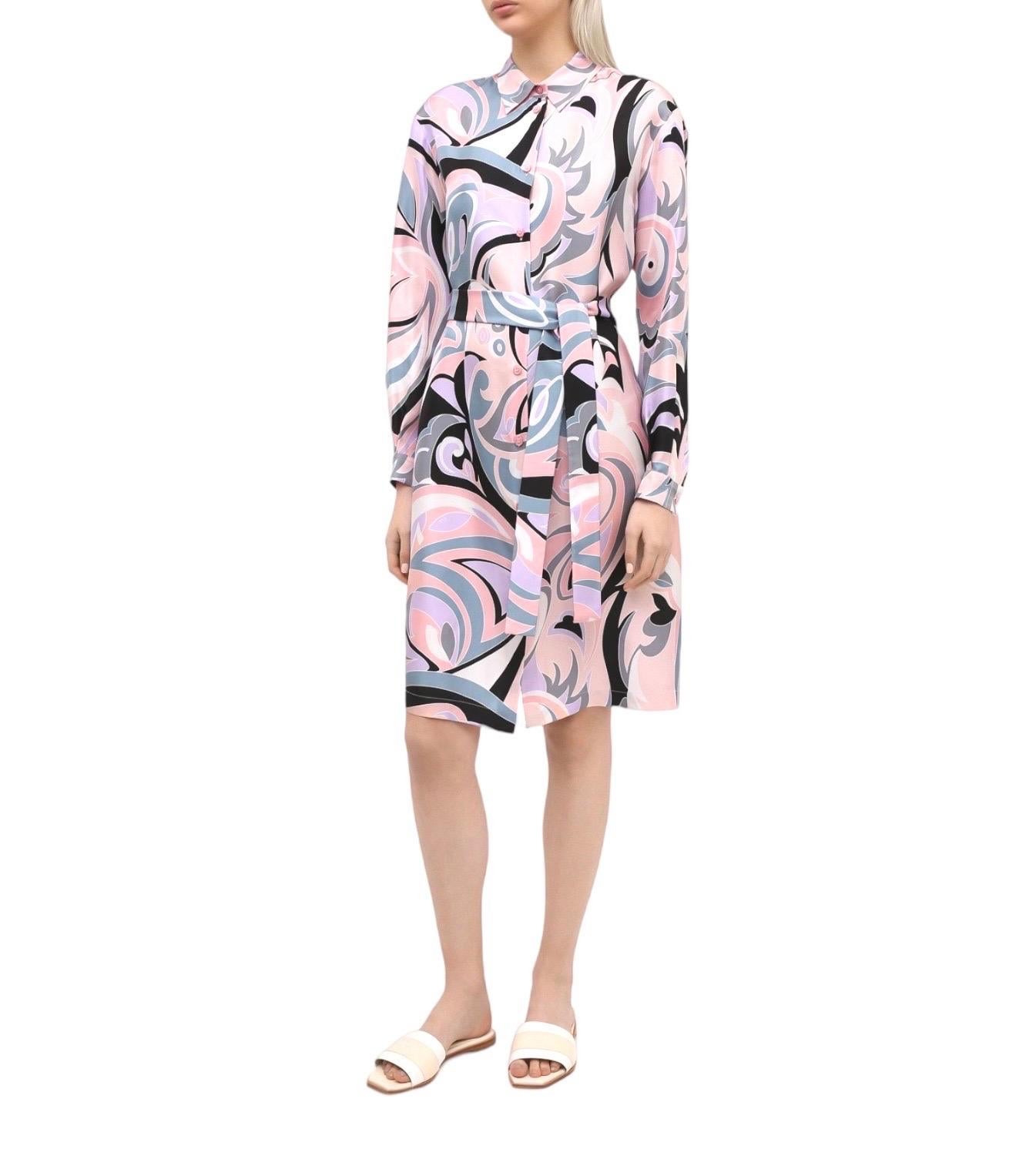 Women's NEW Emilio Pucci Signature Print Silk Shirt Dress with Belt 44 For Sale