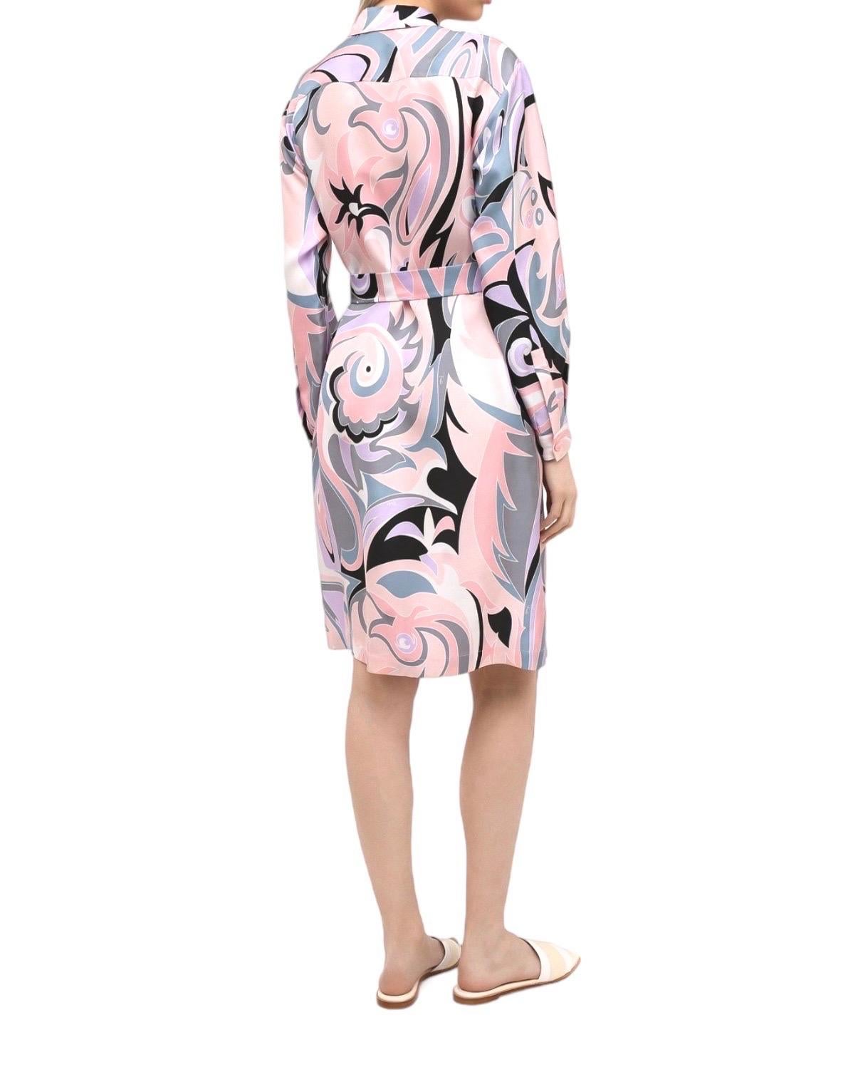 NEW Emilio Pucci Signature Print Silk Shirt Dress with Belt 44 For Sale 1