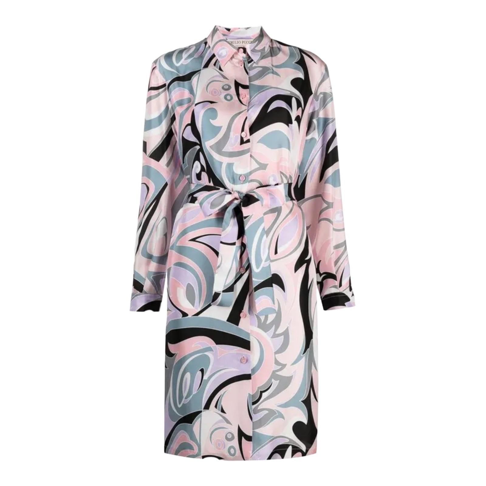 NEW Emilio Pucci Signature Print Silk Shirt Dress with Belt 44 For Sale 2