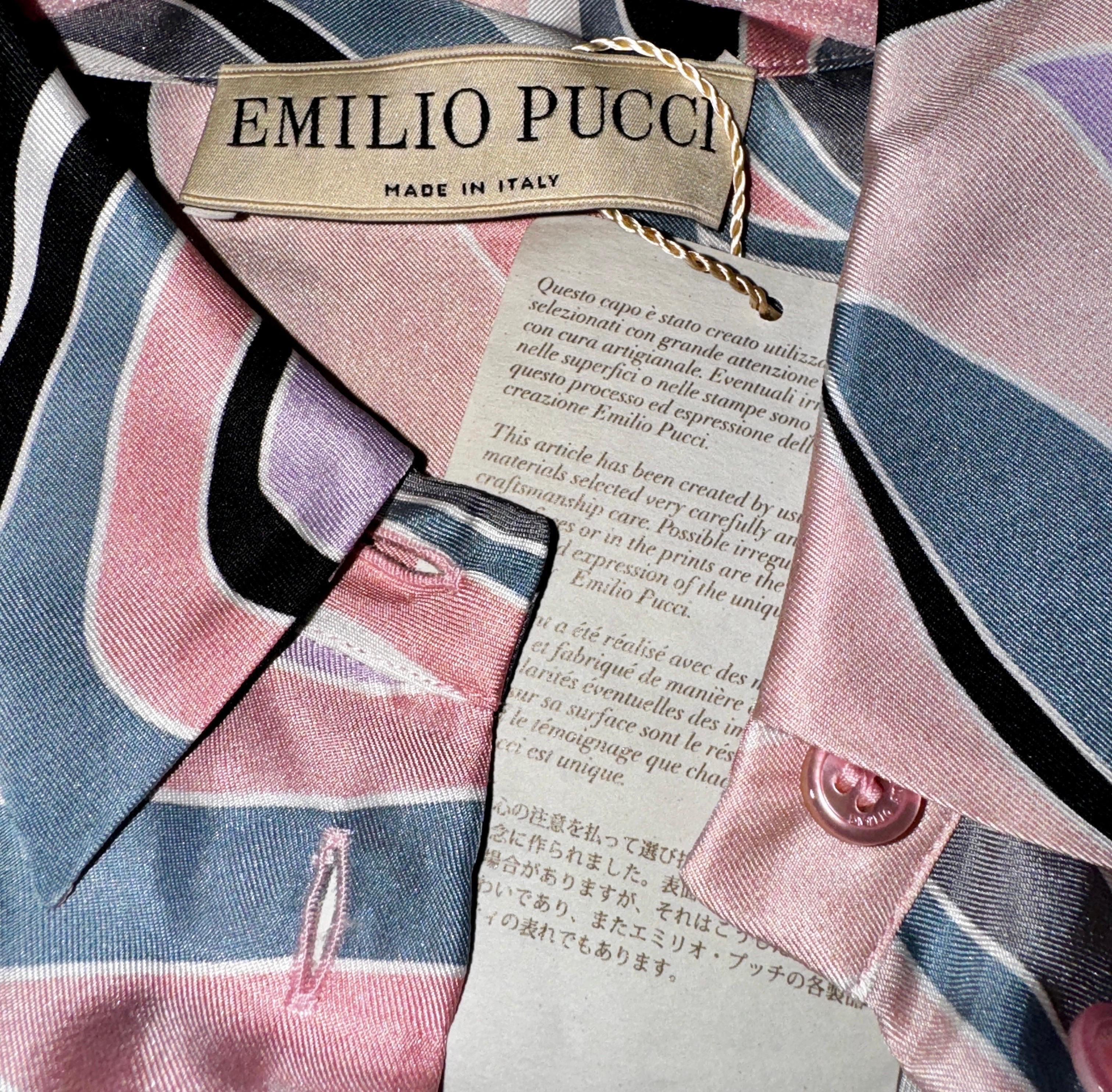 NEU Emilio Pucci Hemdkleid aus Seide mit Signaturdruck und Gürtel 44 im Angebot 4