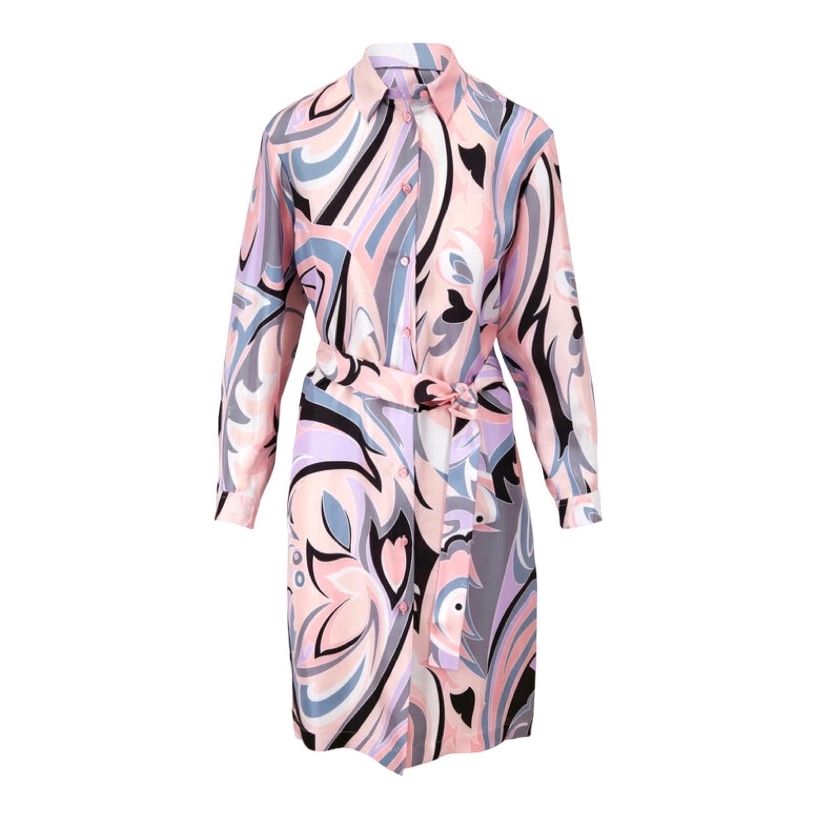 NEW Emilio Pucci Signature Print Silk Shirt Dress with Belt 44 For Sale