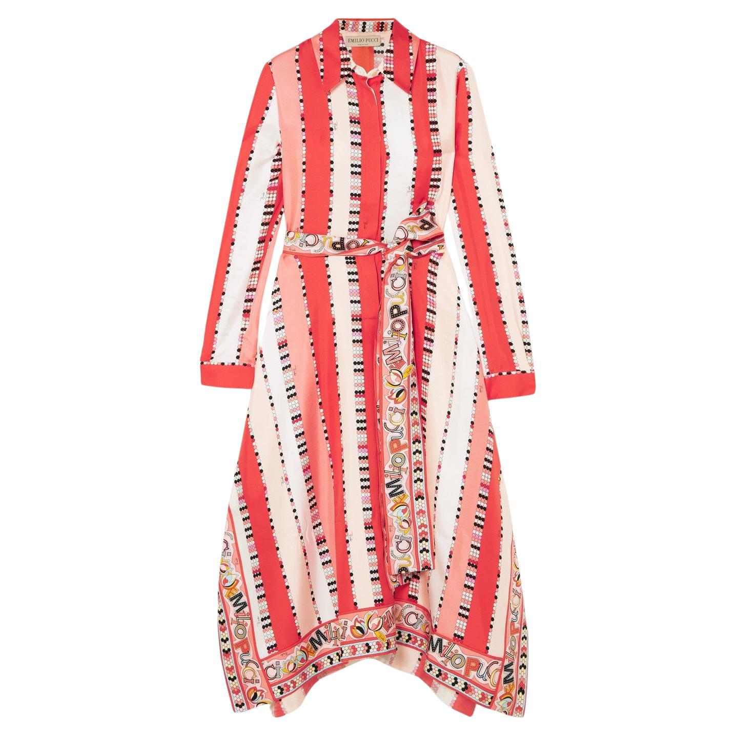NEW Emilio Pucci Signature Printed Silk Twill Midi Scarf Dress with Belt 42 For Sale