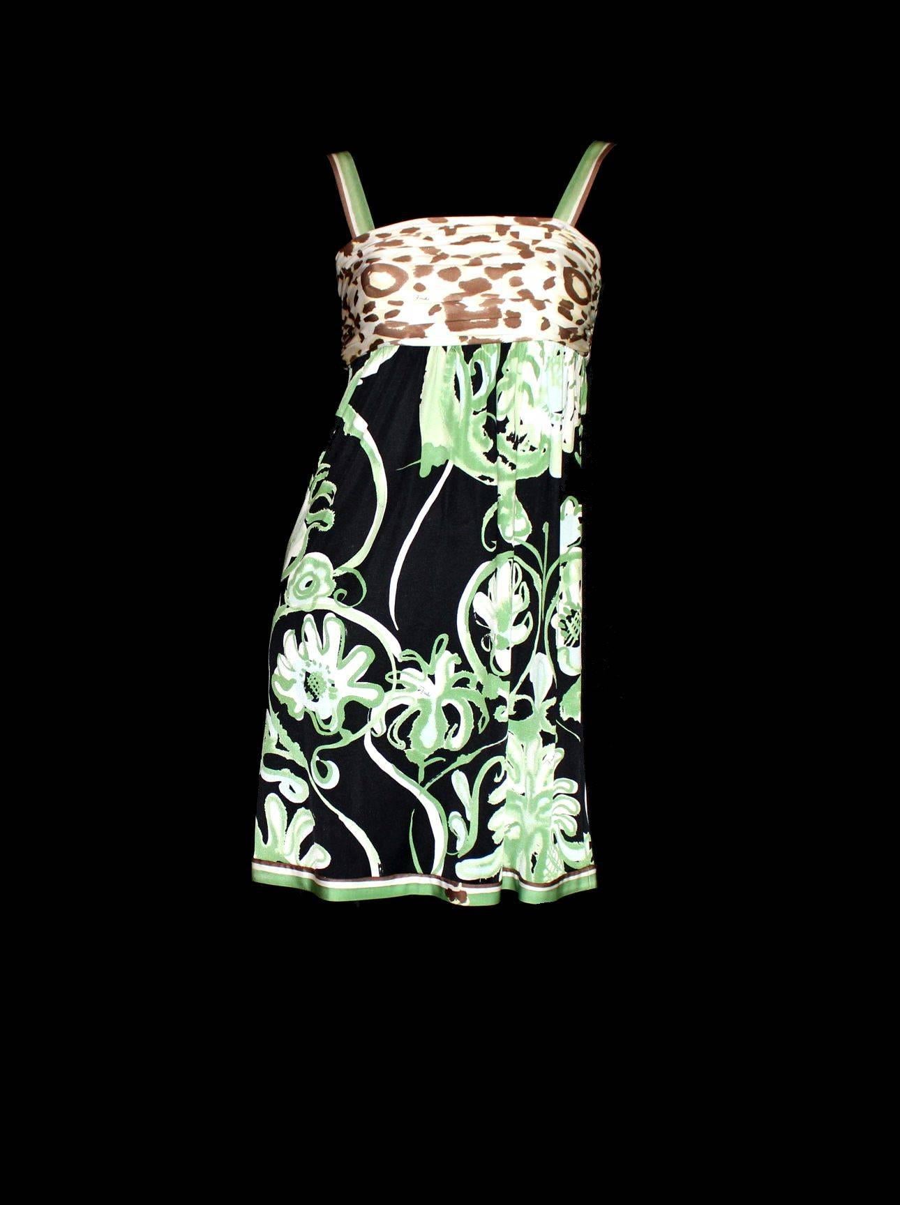 Green NEW Emilio Pucci Silk Jungle Cheetah Animal Floral Botanical Print Dress 40
