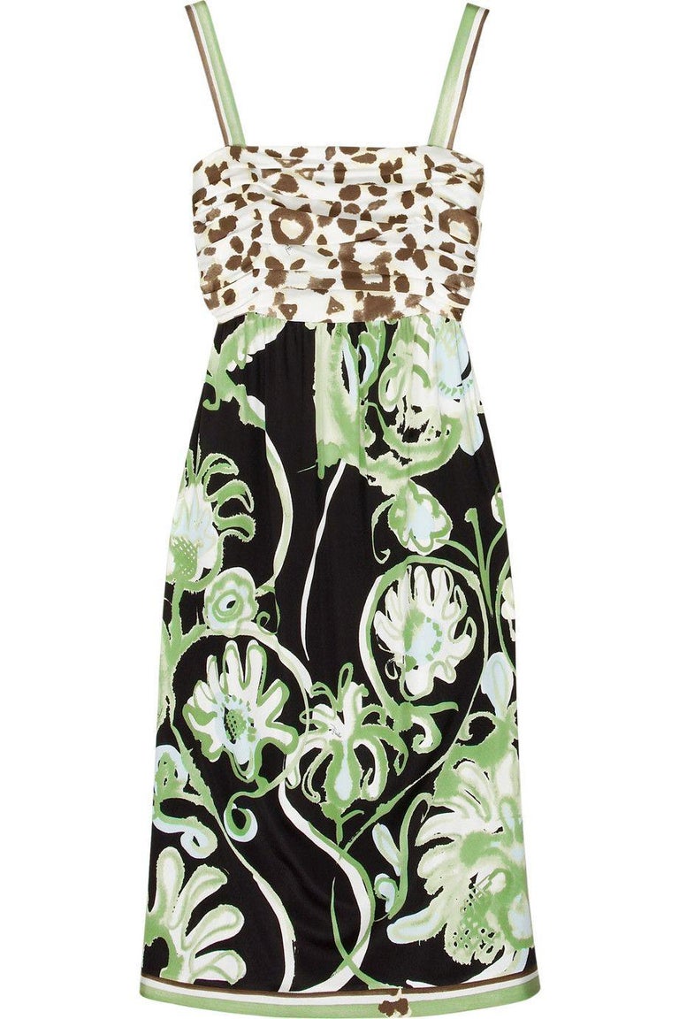 Green NEW Emilio Pucci Silk Jungle Cheetah Animal Floral Botanical Print Dress 40