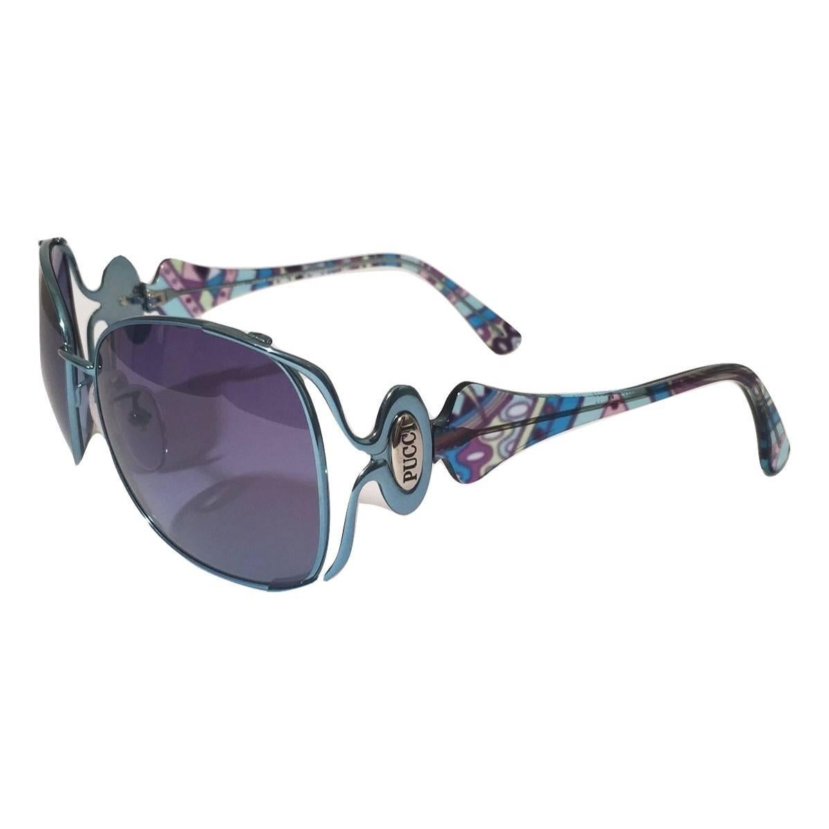 New Emilio Pucci Teal Blue Aviator Sunglasses With Case & Box For Sale 6
