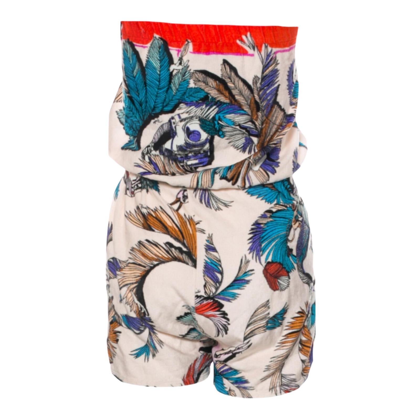 Comfortably crafted in soft-touch towelling, this Emilio Pucci bandeau playsuit is perfect for the beach or pool. Showcasing the luxe Italian label’s new season feather print in holiday-ready hues, it boast a laidback silhouette complete with