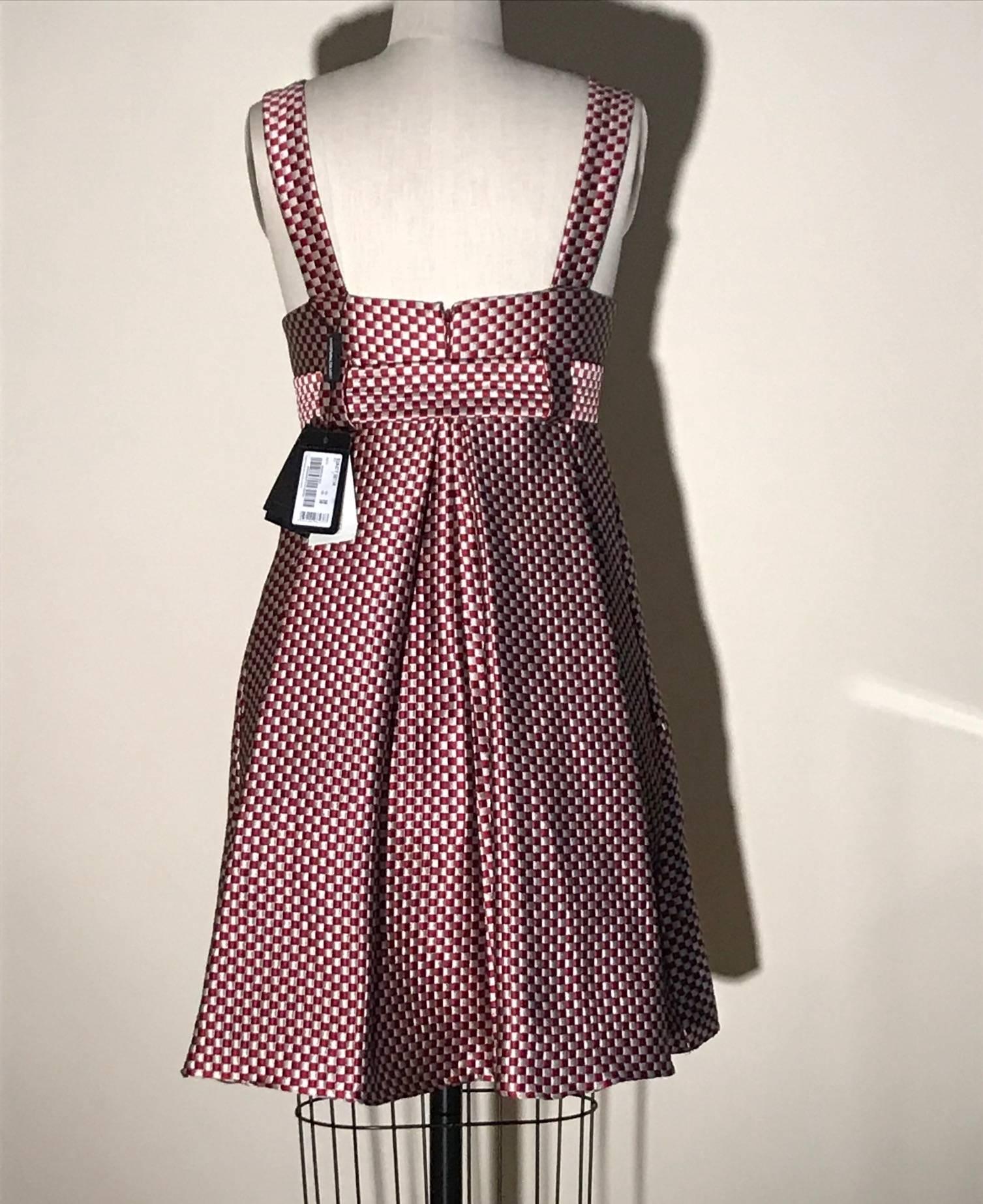 Gray Emporio Armani Grey and Red Check A Line Pleated Dress  