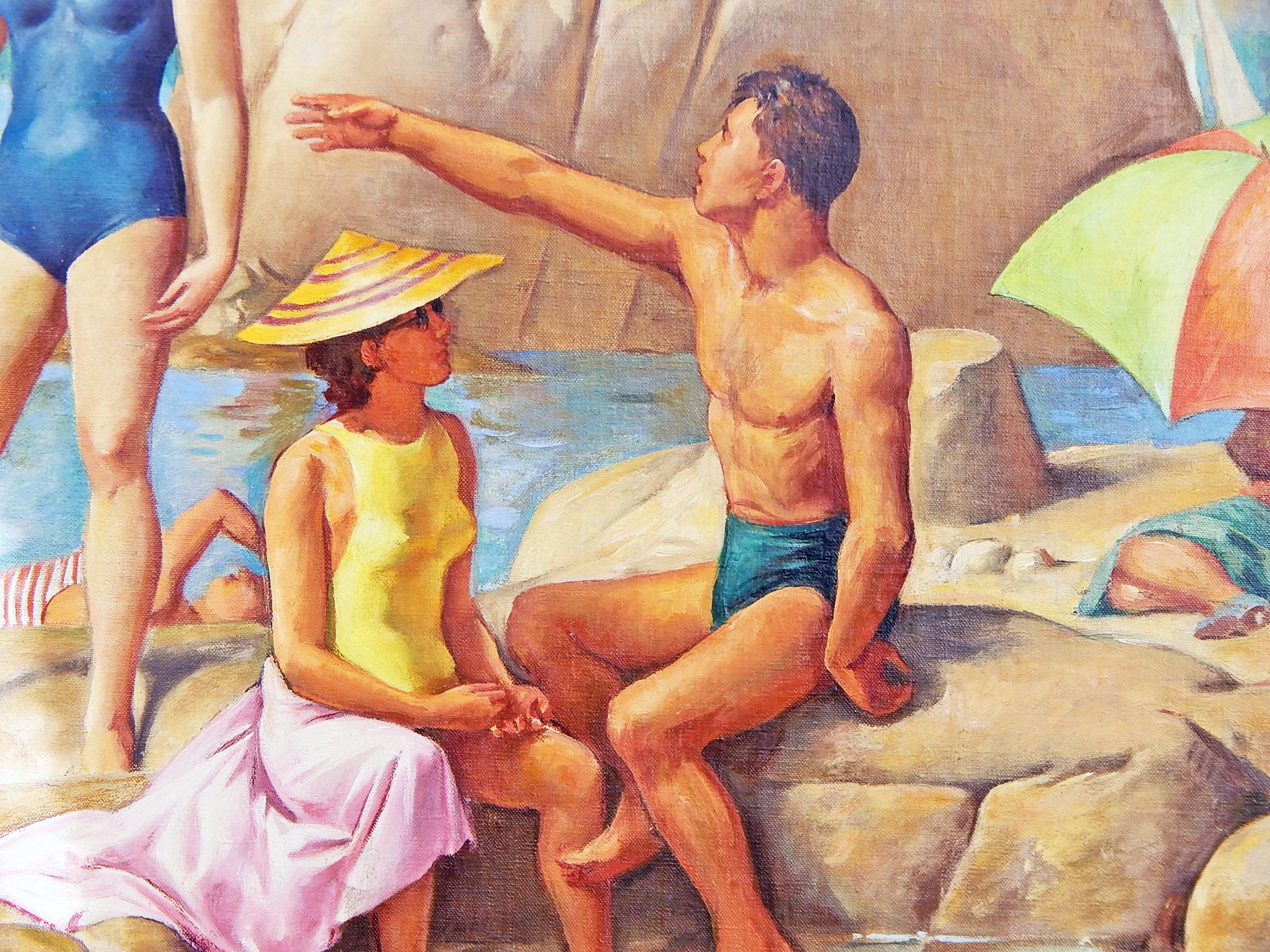 Full of sunlight and brilliant color, this scene of swimmers and boaters cavorting and sunning among the large boulders along the edge of Wingaersheek Beach in Cape Ann, on the north shore of Boston, is an important depiction of 1930s life in