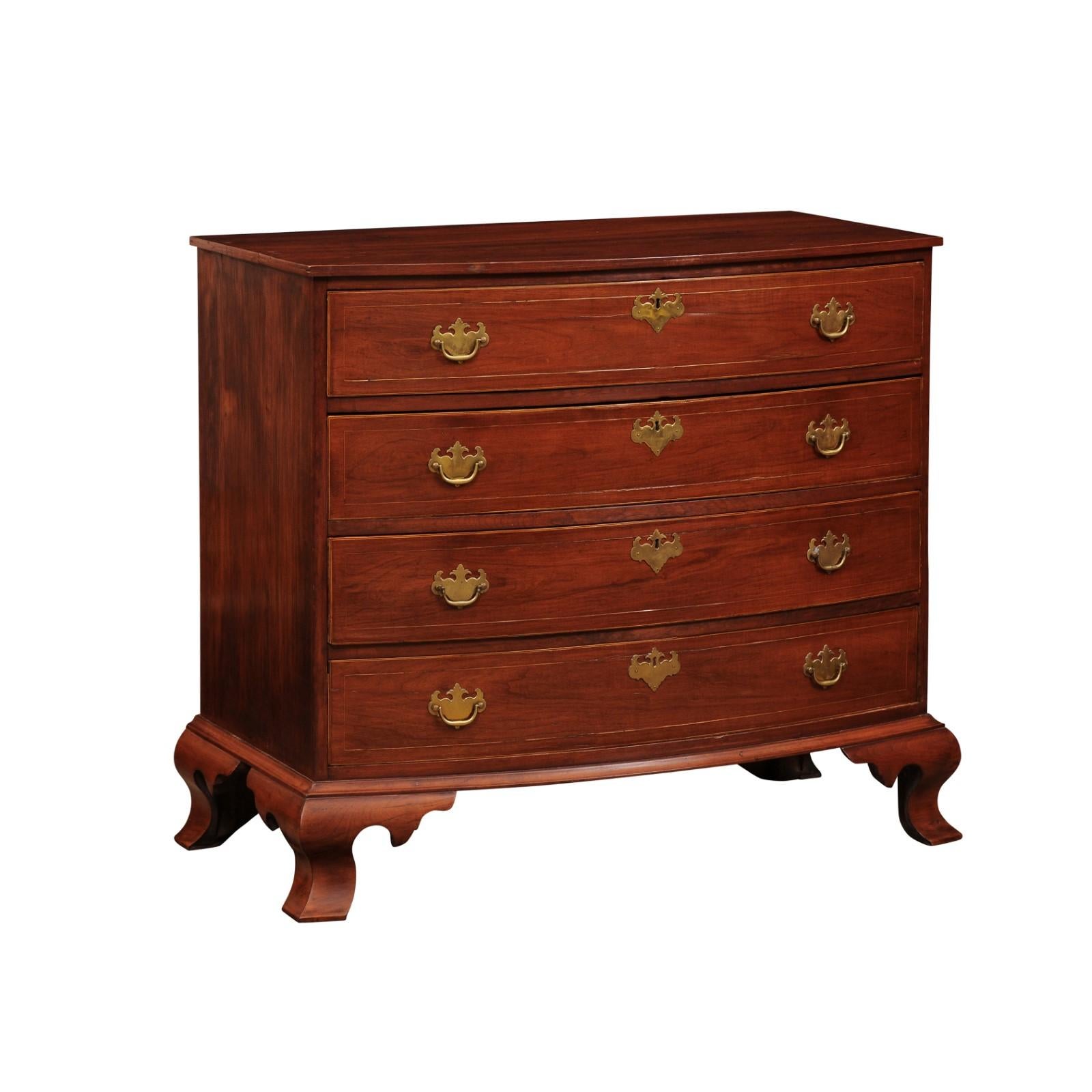 New England Cherry Bowfront Chest with Graduating 4 Drawers, String Inlay and Ogee Feet, ca. 1790