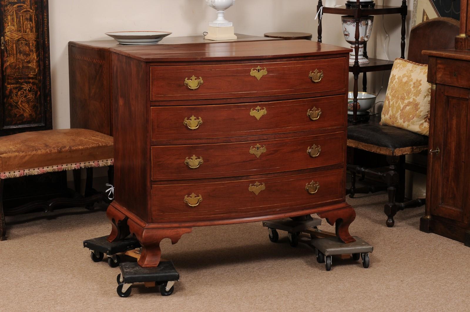  New England Cherry Bowfront Chest with Graduating 4 Drawers, String Inlay  In Good Condition For Sale In Atlanta, GA