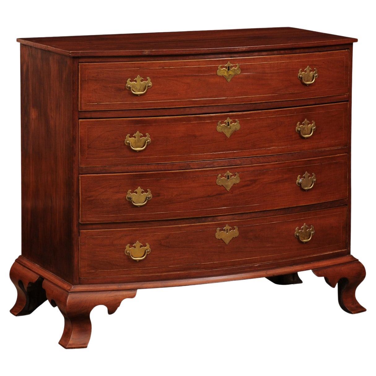  New England Cherry Bowfront Chest with Graduating 4 Drawers, String Inlay  For Sale