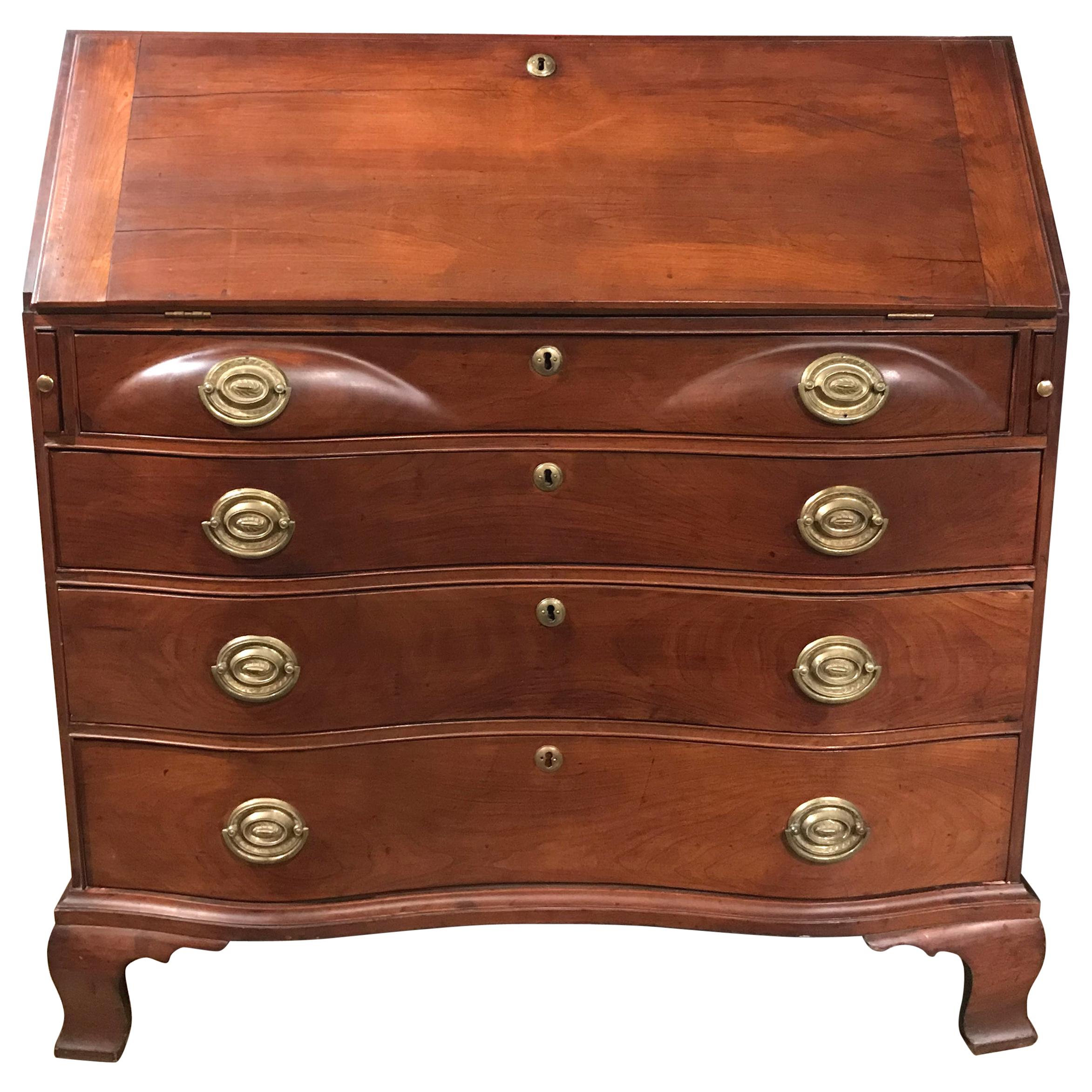 New England Chippendale Cherry Oxbow Slant Front Desk, circa 1780-1800
