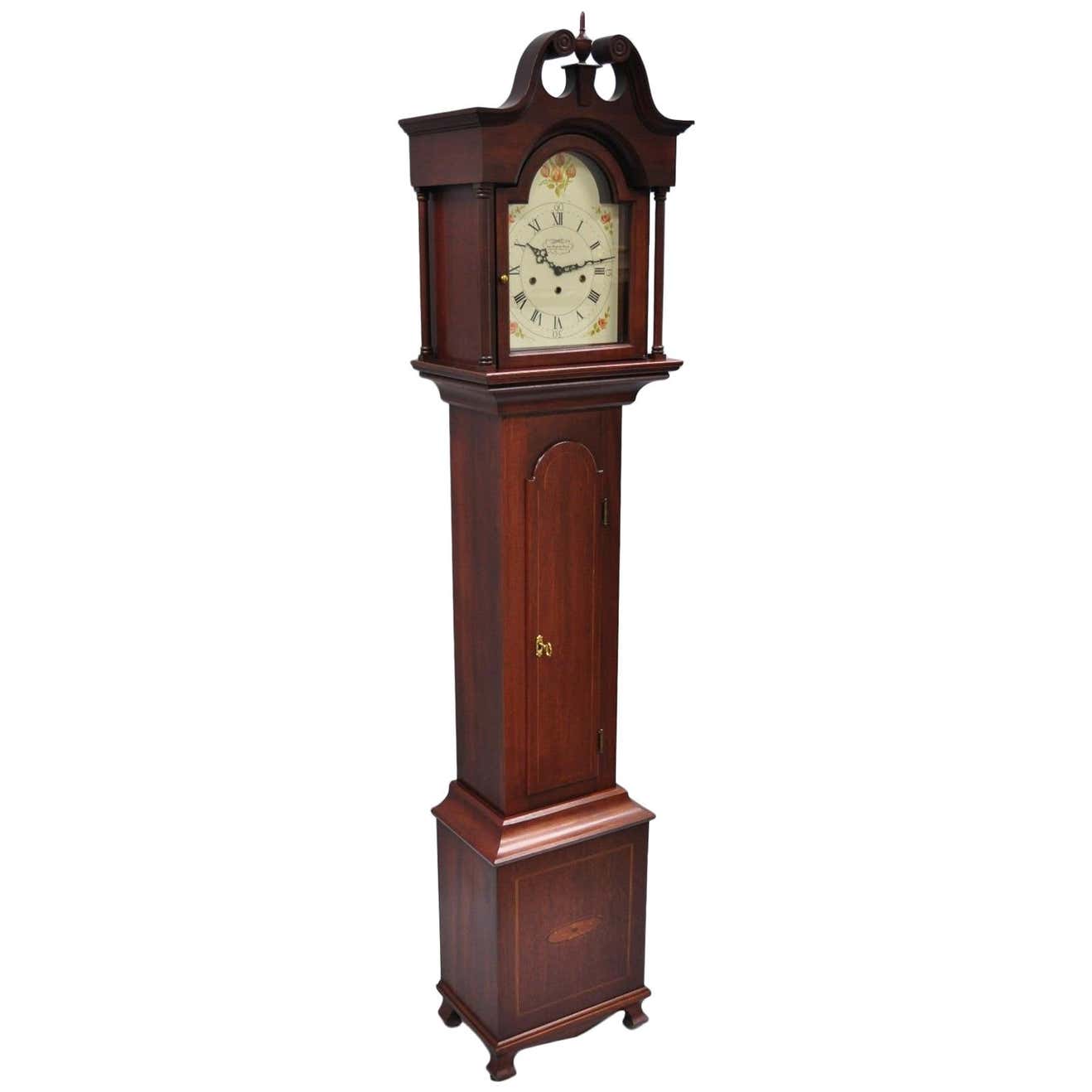 New England Clock Co. Mahogany Inlaid Grandmother Clock Case at 1stDibs