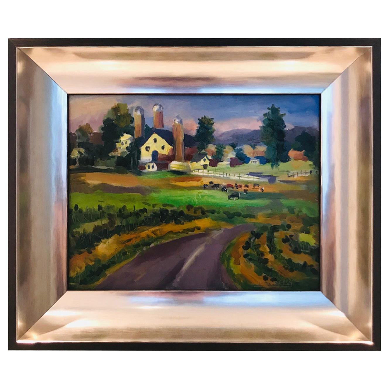 New England Farm Impressionist Landscape Painting in Custom Frame by John Reilly