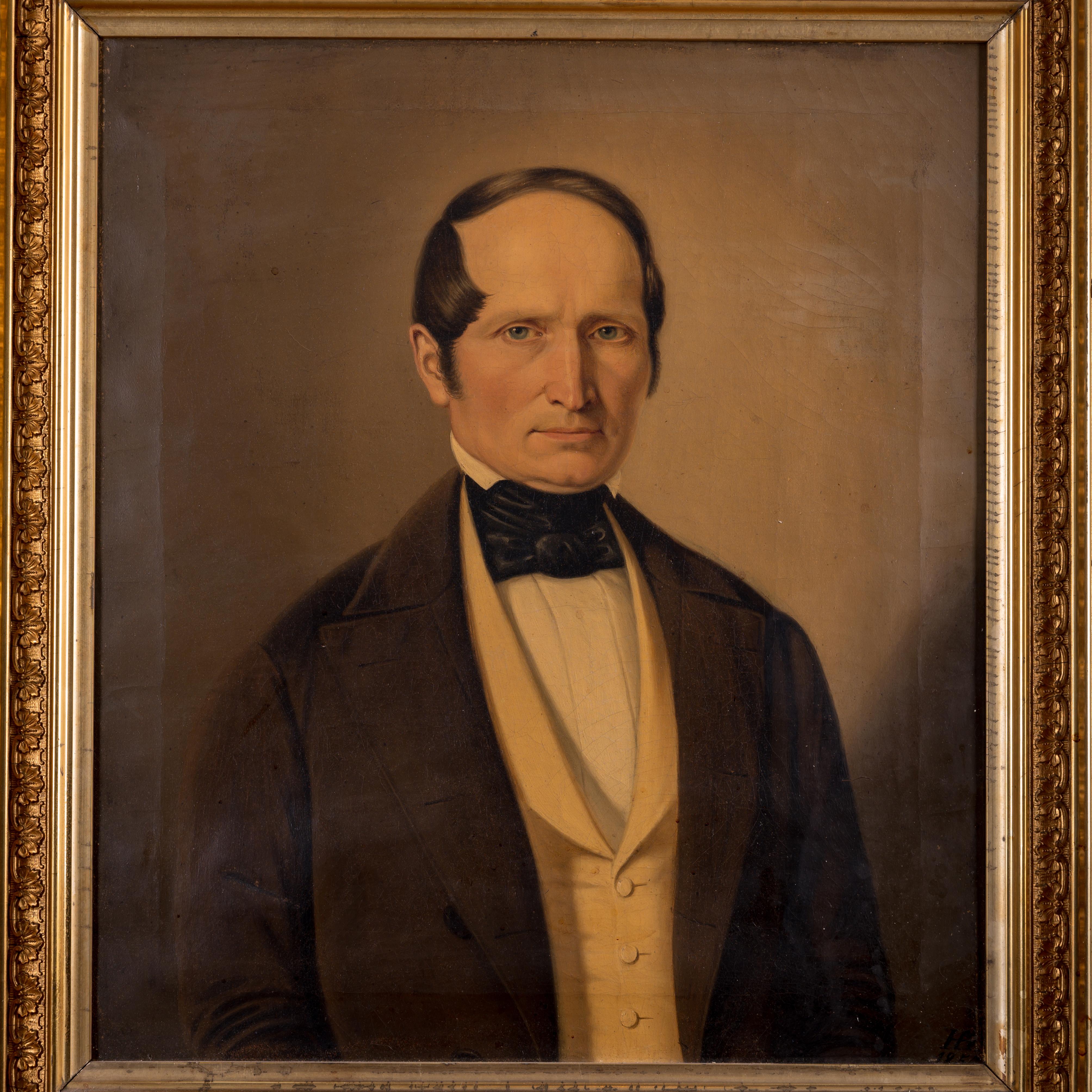 A portrait painting of a New England gentleman signed H.H. and dated 1854.  
The gentleman is believed to be William Mueller of Mendon, Mass and later Meridon Connecticut.

sight: 18 ½ by 21 ½ inches
frame: 26 ¾ by 29 ½ inches

