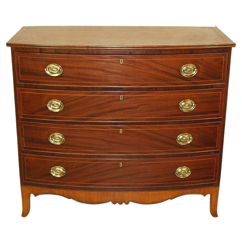 New England Hepplewhite Mahogany and Maple Inlaid Bow Front Chest For Sale